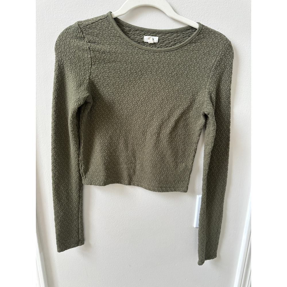 Aerie Real Olive Green Popcorn Textured Long Sleeve Crop Top XS TP Crew Neck